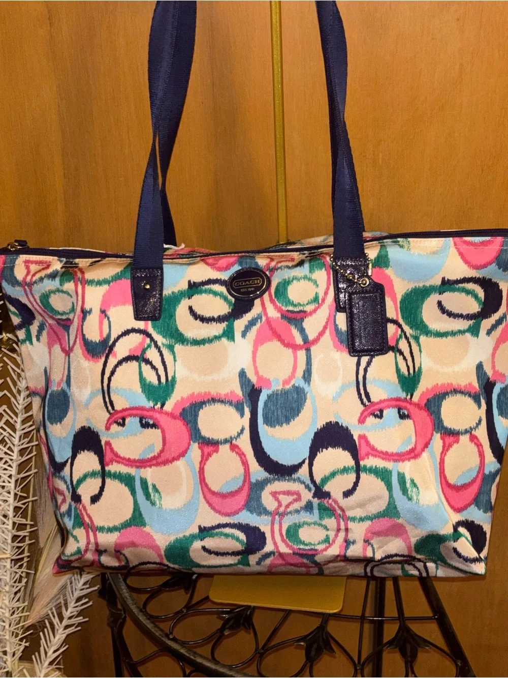 Coach Multicolor Signature Circle Print Tote with Navy Straps